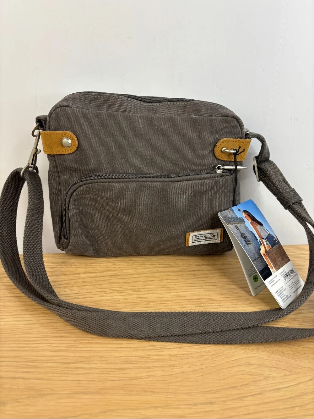 Travelon Anti-Theft Gray Canvas Heritage Crossbody Bag with Leather Accents NWT